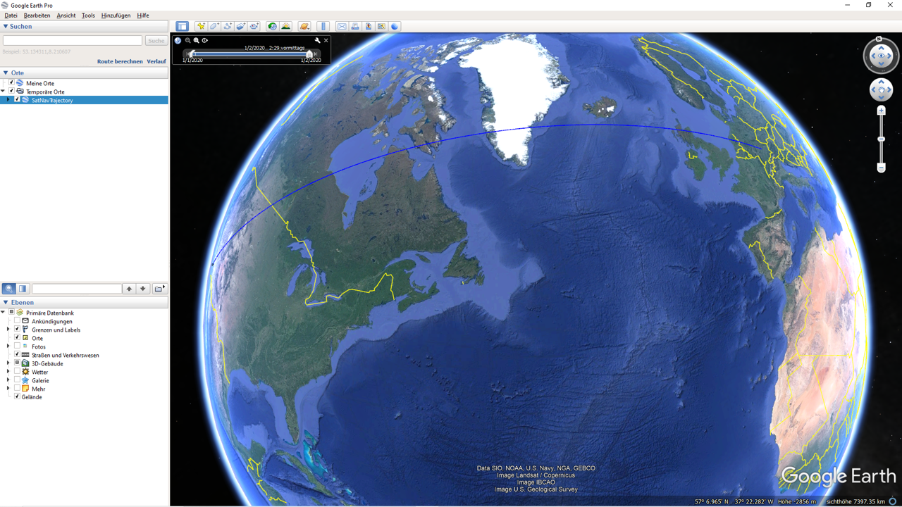 Beispiel Screenshot Interkontinentalflug Google Earth